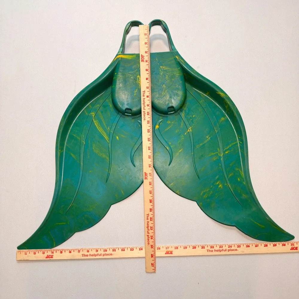 Mahina MerFin Mermaid Monofin Teal Yellow Rubber Swim Fin USA 10.5-12.5 Diving